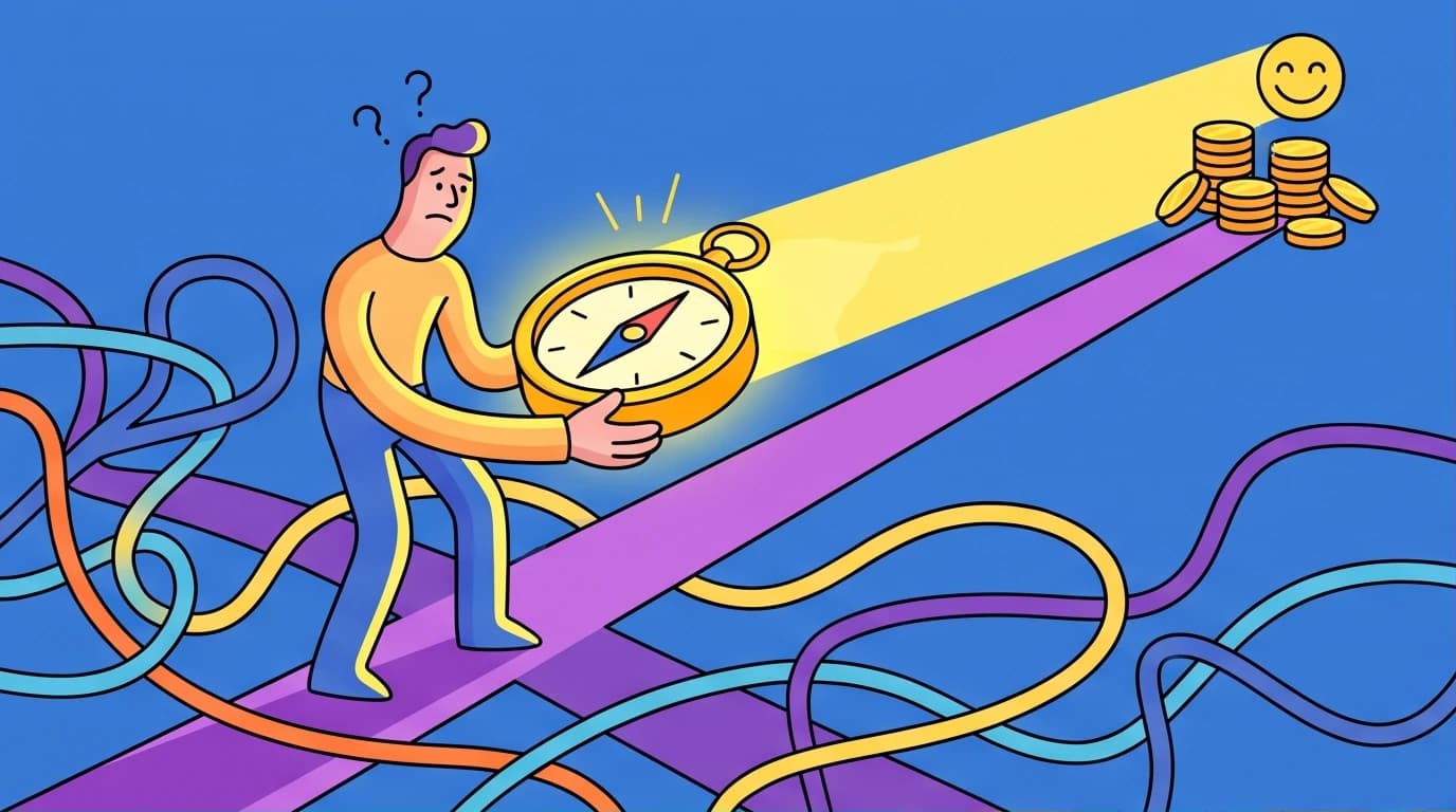 An illustration of a person finding a clear mindset, symbolizing Naval Ravikant's quotes on wealth and happiness as a life compass.