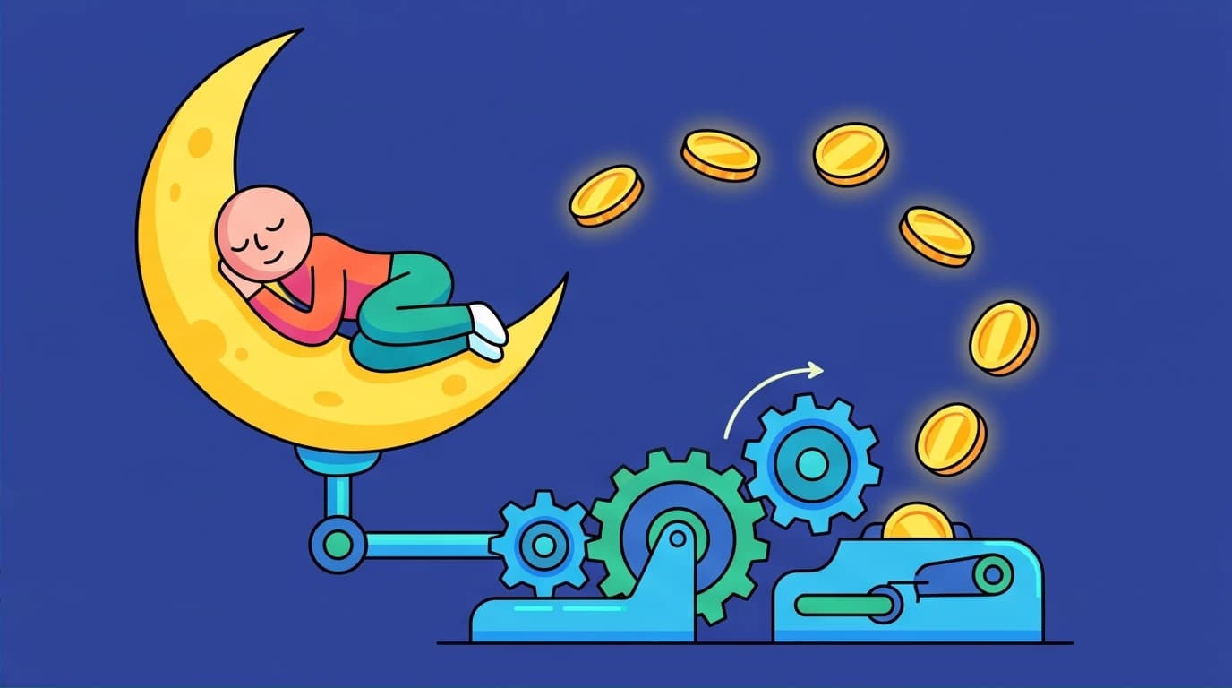A visual metaphor of earning wealth while sleeping through assets, based on a key quote from Naval Ravikant's Almanack.