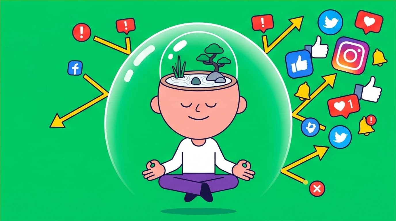 Visualizing Naval Ravikant's principle of happiness as a trainable skill, showing a person cultivating inner peace amidst modern digital distractions.