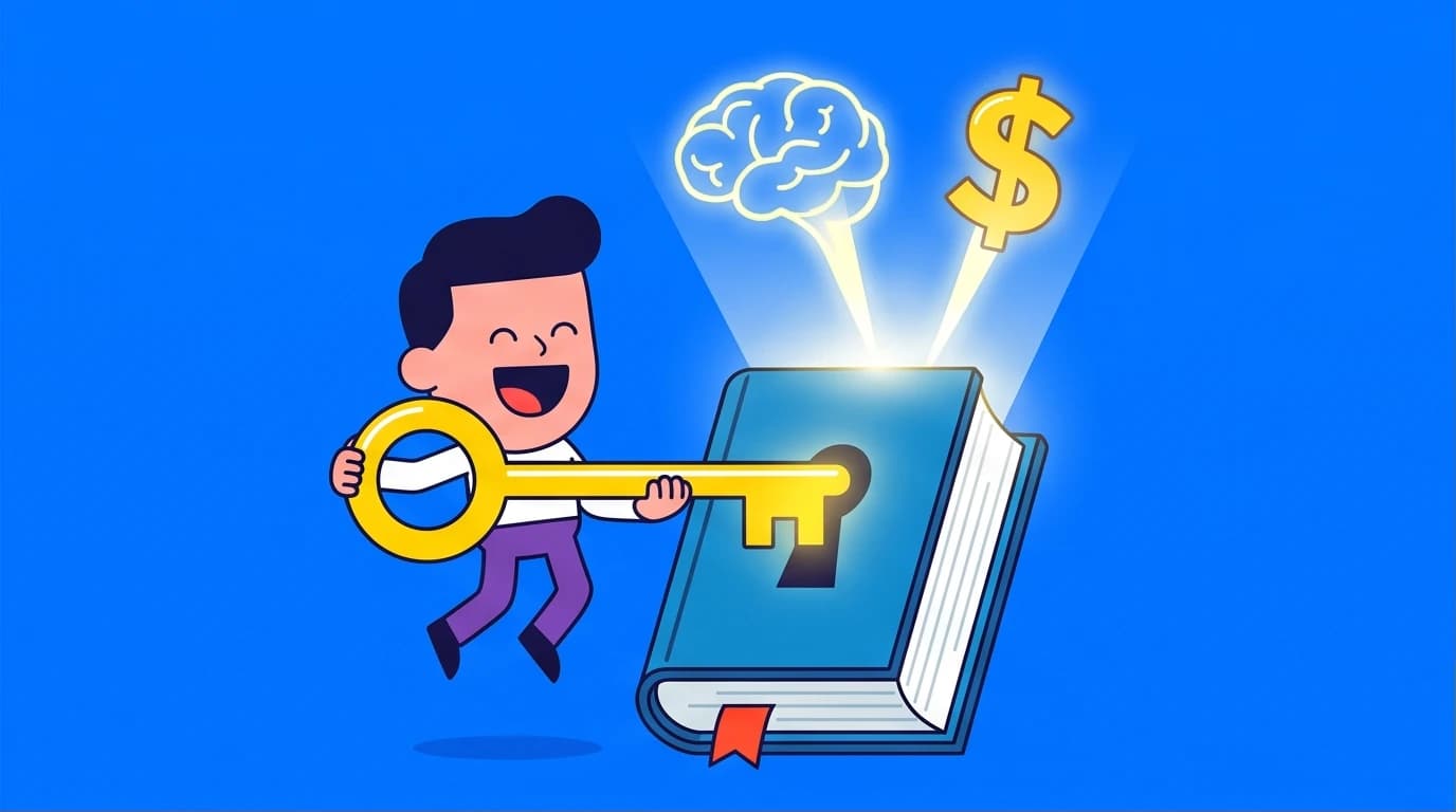 An illustration of a person unlocking the wisdom of The Almanack of Naval Ravikant, symbolizing the book's summary on achieving wealth and happiness.