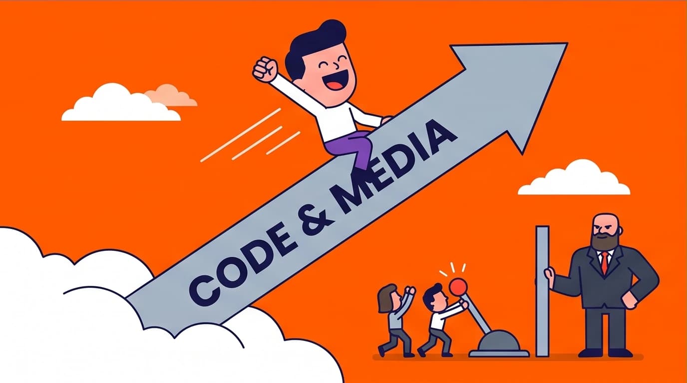 An illustration of 'permissionless leverage' from The Almanack of Naval Ravikant, showing code and media as a powerful tool for individual growth.