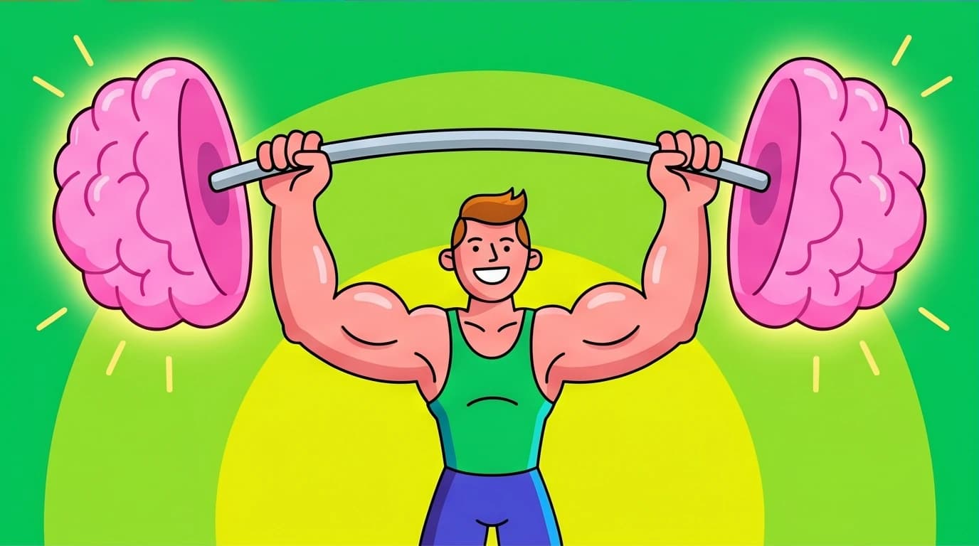 An illustration of a person lifting a brain-shaped weight, visualizing happiness as a highly trainable skill per Naval Ravikant.