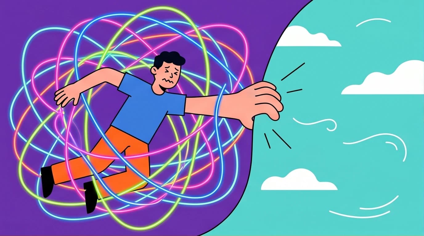An illustration showing nervous system regulation, where a person breaks free from a chaotic tangle, symbolizing a holistic psychologist's approach to somatic healing.