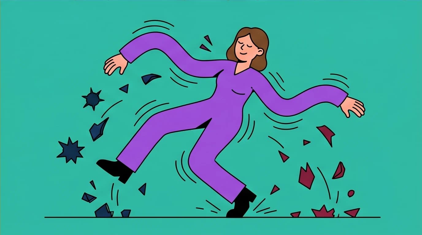 An illustration of a somatic healing exercise, showing a person using neurogenic tremors to shake off stress, a powerful tool for nervous system regulation.