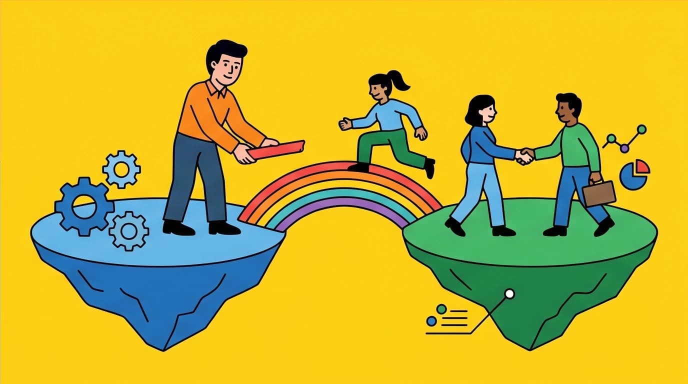 A manager builds a bridge between departments, symbolizing the importance of cross-departmental communication skills for effective team building.