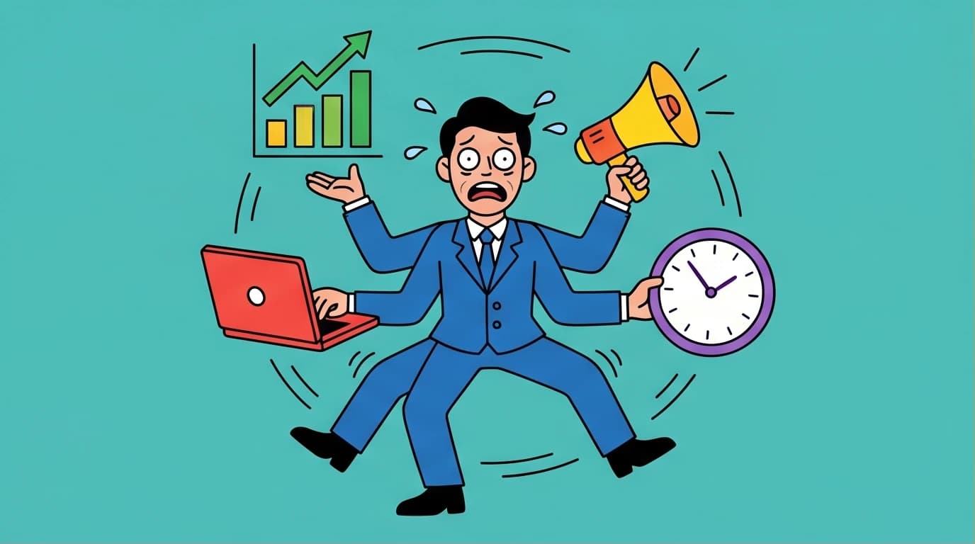 An illustration of a new manager feeling overwhelmed, a key challenge covered in this guide to leadership and team building skills.