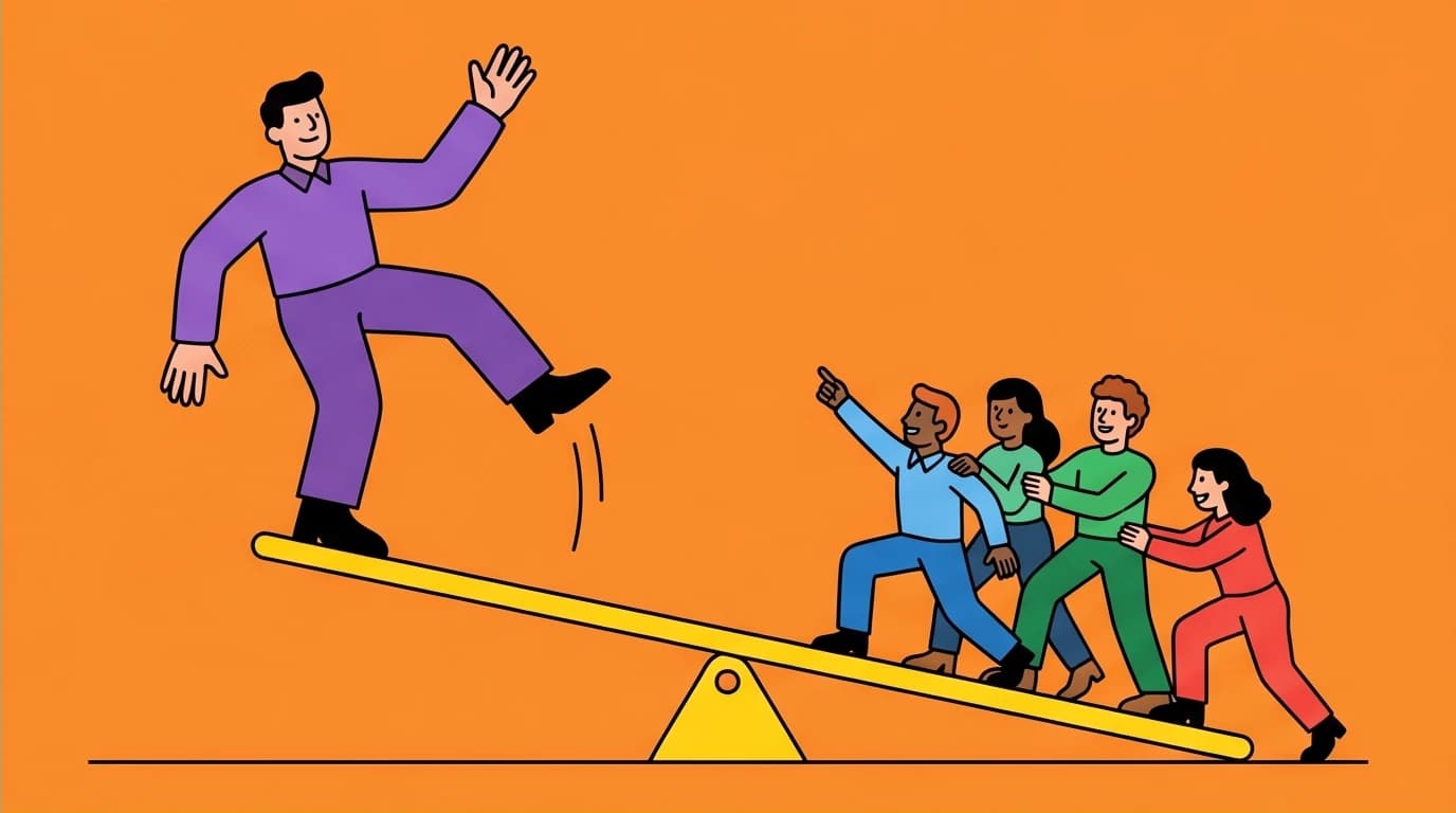 A visual metaphor for a new manager's mindset shift, leveraging team skills to achieve career growth instead of relying on individual output.