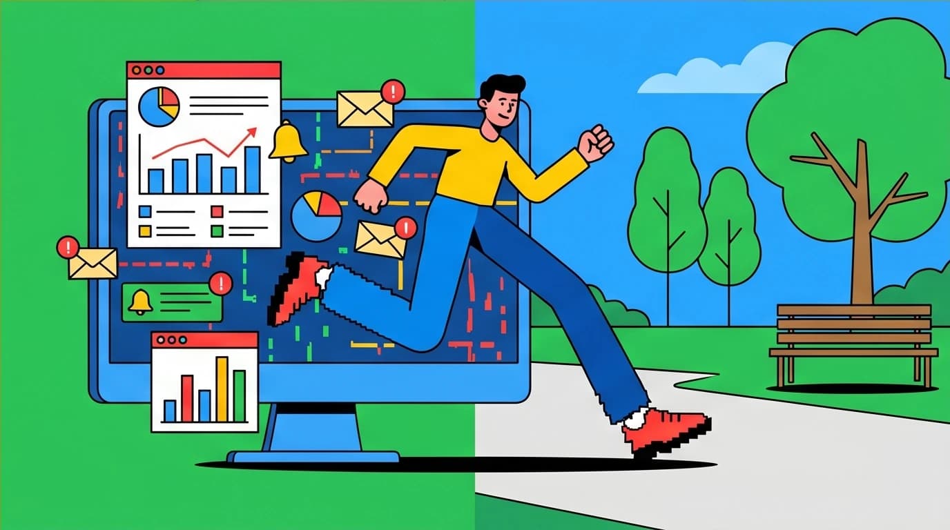 A person switching from a chaotic digital work mode to a calm physical reality, illustrating a technique for after-work energy recovery.