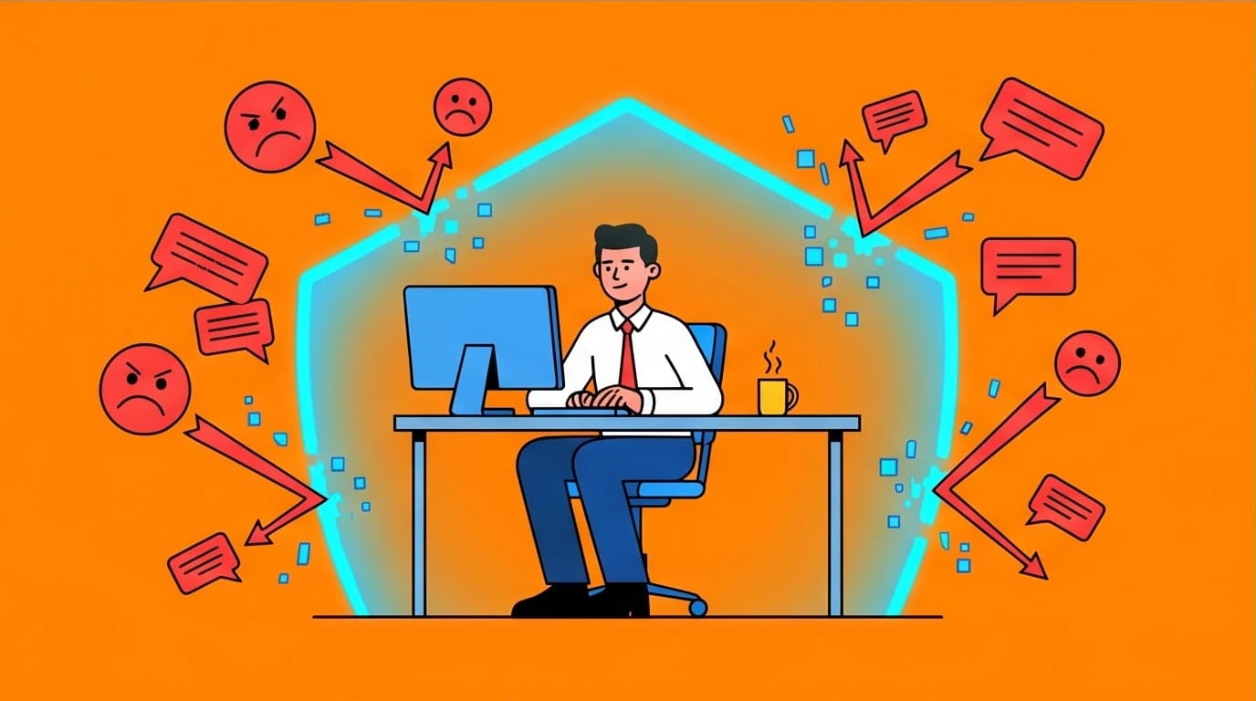 An employee using an emotional firewall to block workplace stress and anxiety, a key strategy for preventing burnout and managing energy.