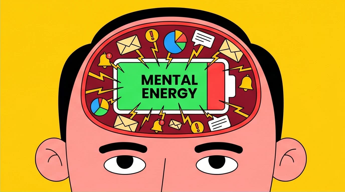 Conceptual art showing a brain as a battery drained by work friction, an abstract representation of mental load and decision fatigue.