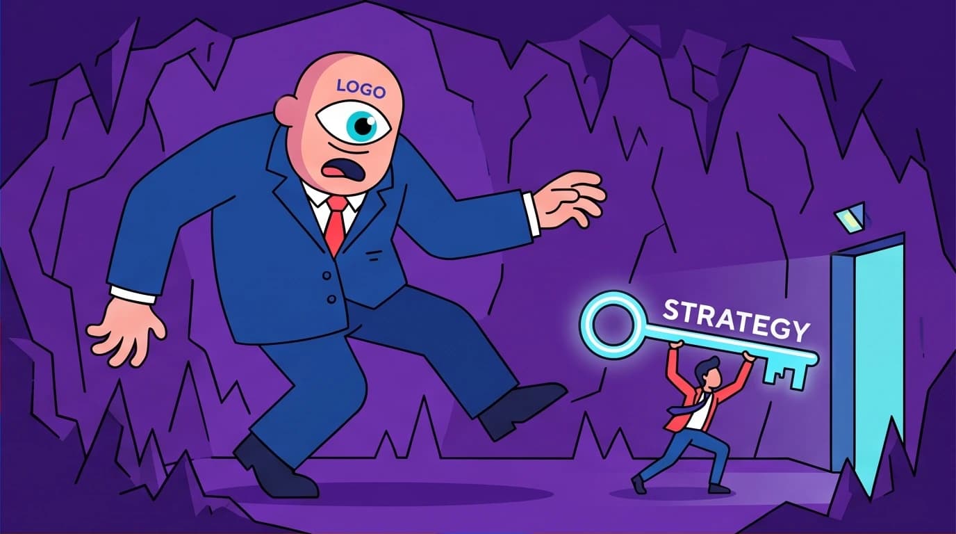 An illustration of asymmetric business strategy, where a small, smart leader outwits a clumsy corporate giant, a key principle of Odysseus Leadership.