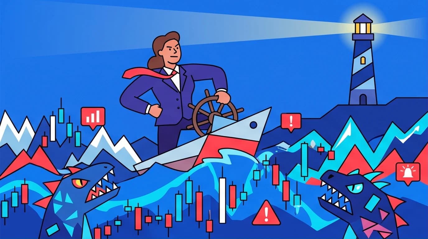 A visual metaphor for Odysseus Leadership in the modern workplace, showing a leader steering a boat through a chaotic sea of data, demonstrating strategic thinking for survival.