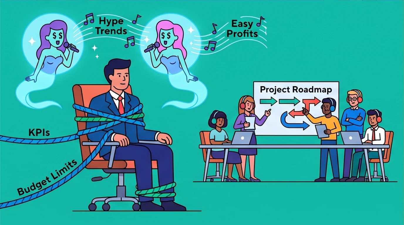 A manager tied to a chair to resist market temptations, symbolizing the use of mechanisms over willpower in crisis management, a core idea in Odysseus Leadership.