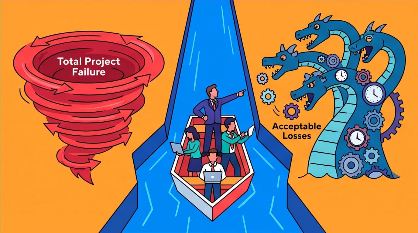 A leader making a tough choice between two bad outcomes, navigating near a monster to avoid a whirlpool, illustrating crisis management and decision-making in Odysseus Leadership.