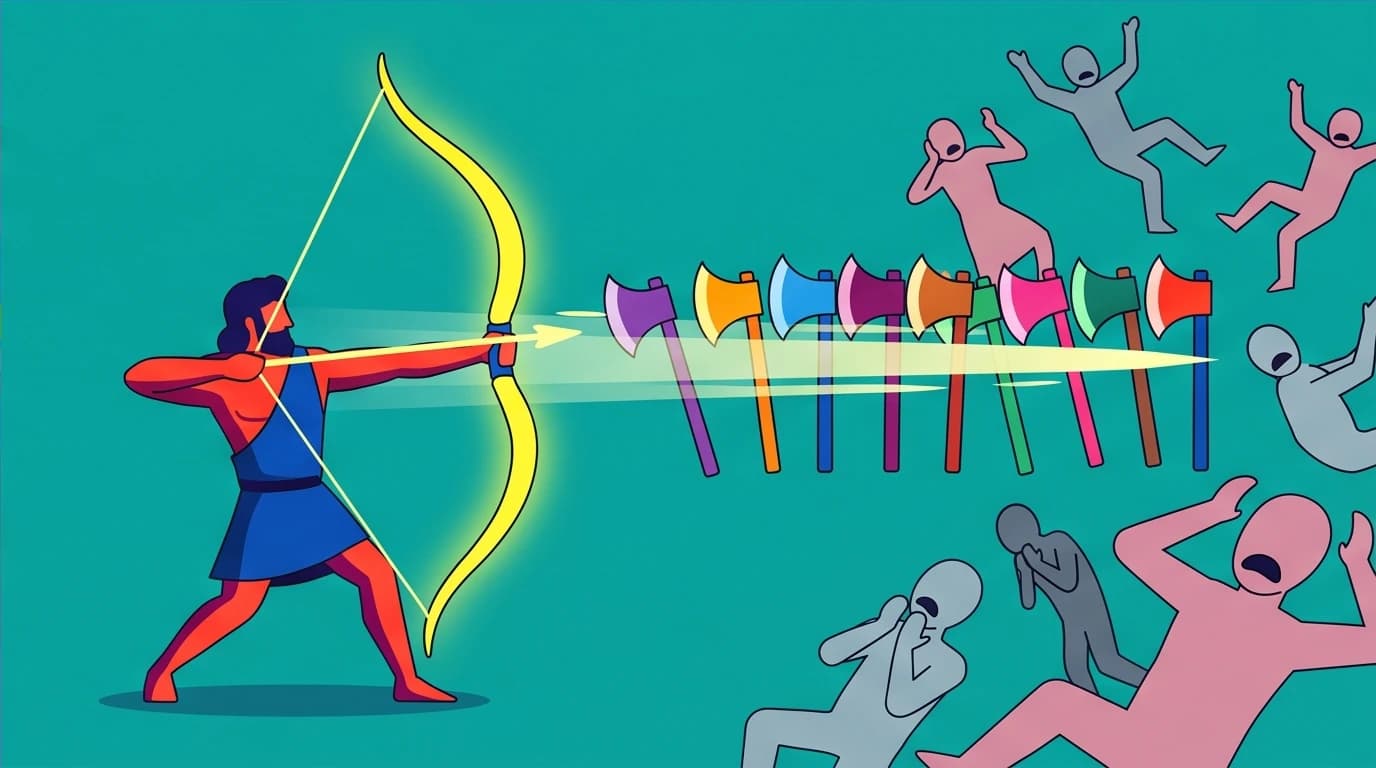 The climax of Homer's Odyssey: hero Odysseus reveals his identity by shooting an arrow through twelve axes, reclaiming his throne in the epic.