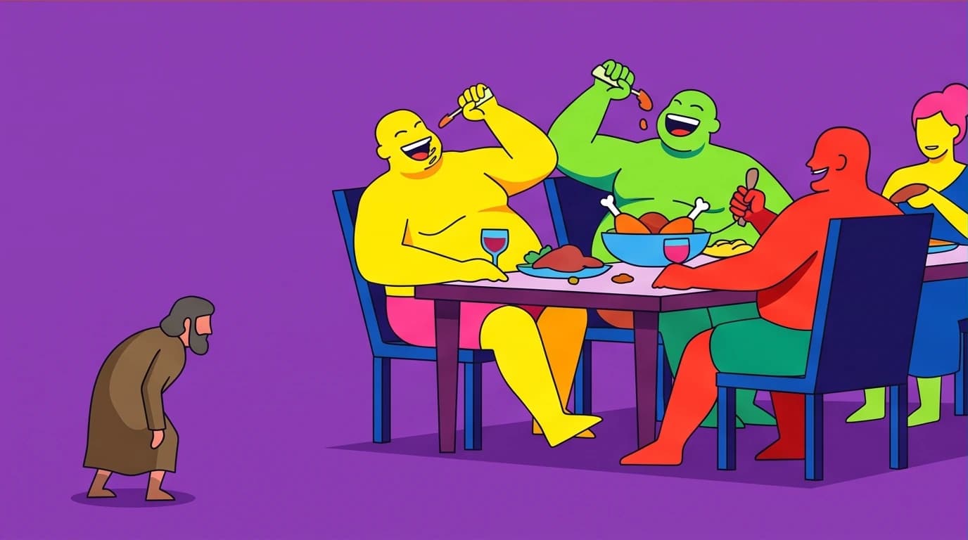 The hero Odysseus disguised as a beggar returns to his home Ithaca, observing the greedy suitors, a pivotal moment in Homer's Odyssey story.