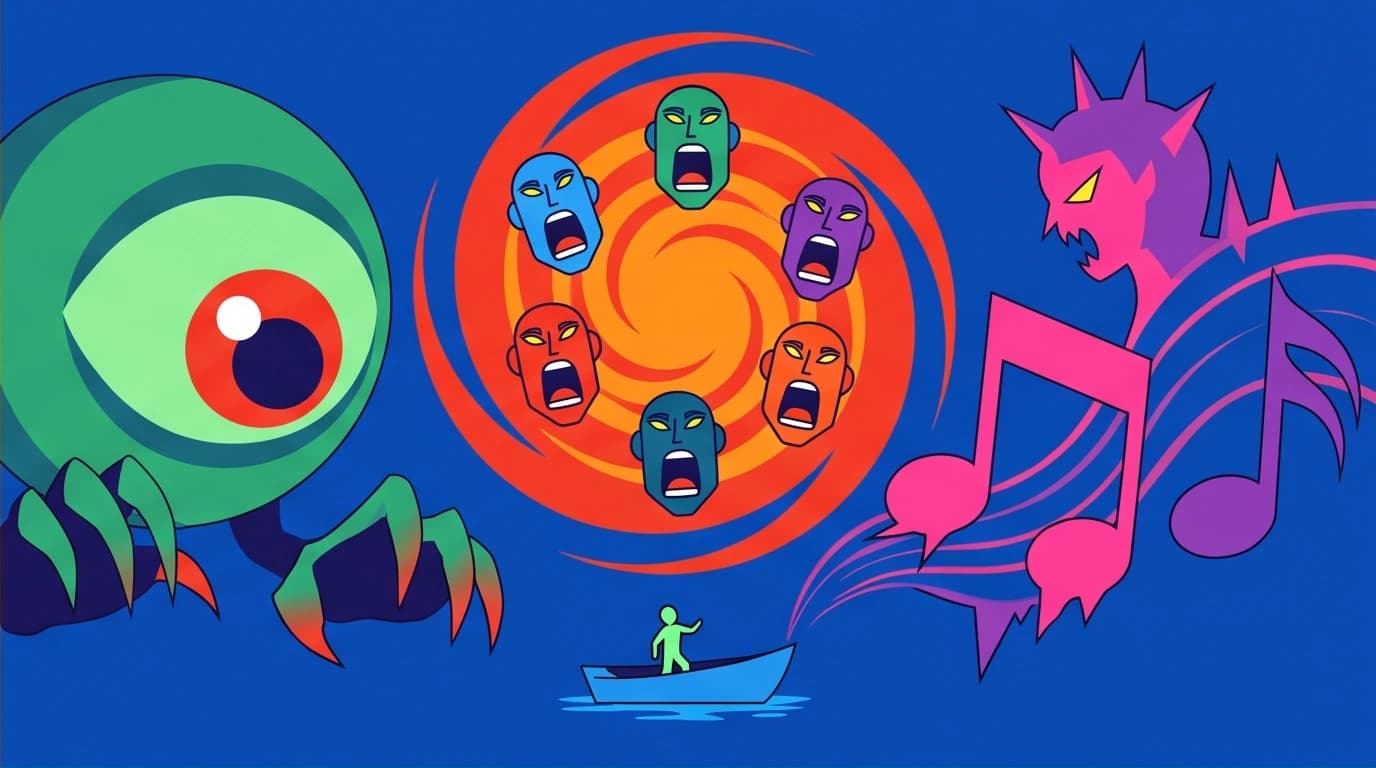 Odysseus facing mythological monsters on his sea voyage in Homer's Odyssey, a key part of the epic's story summary and Greek mythology.