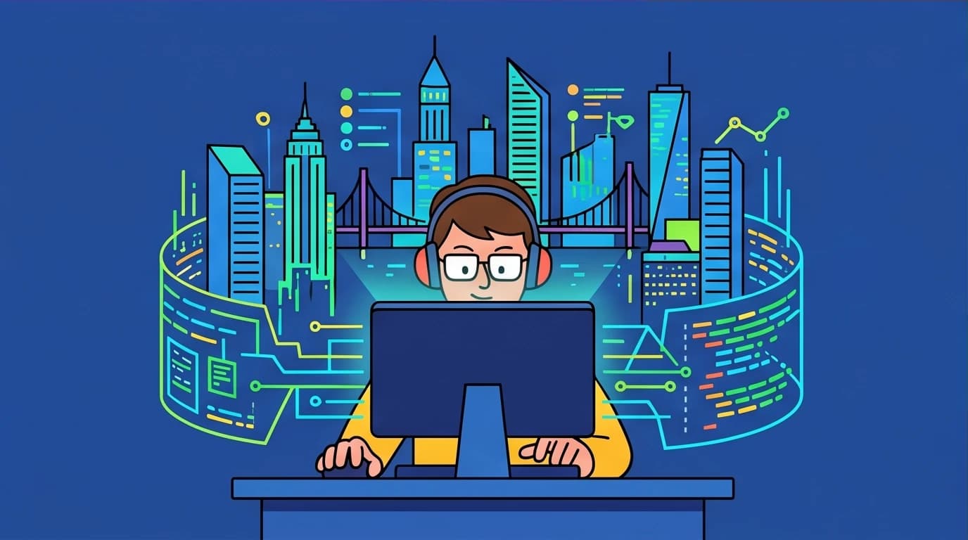 A programmer builds a digital city with code, an illustration of the 10,000-hour rule of mastery from the Outliers book summary.