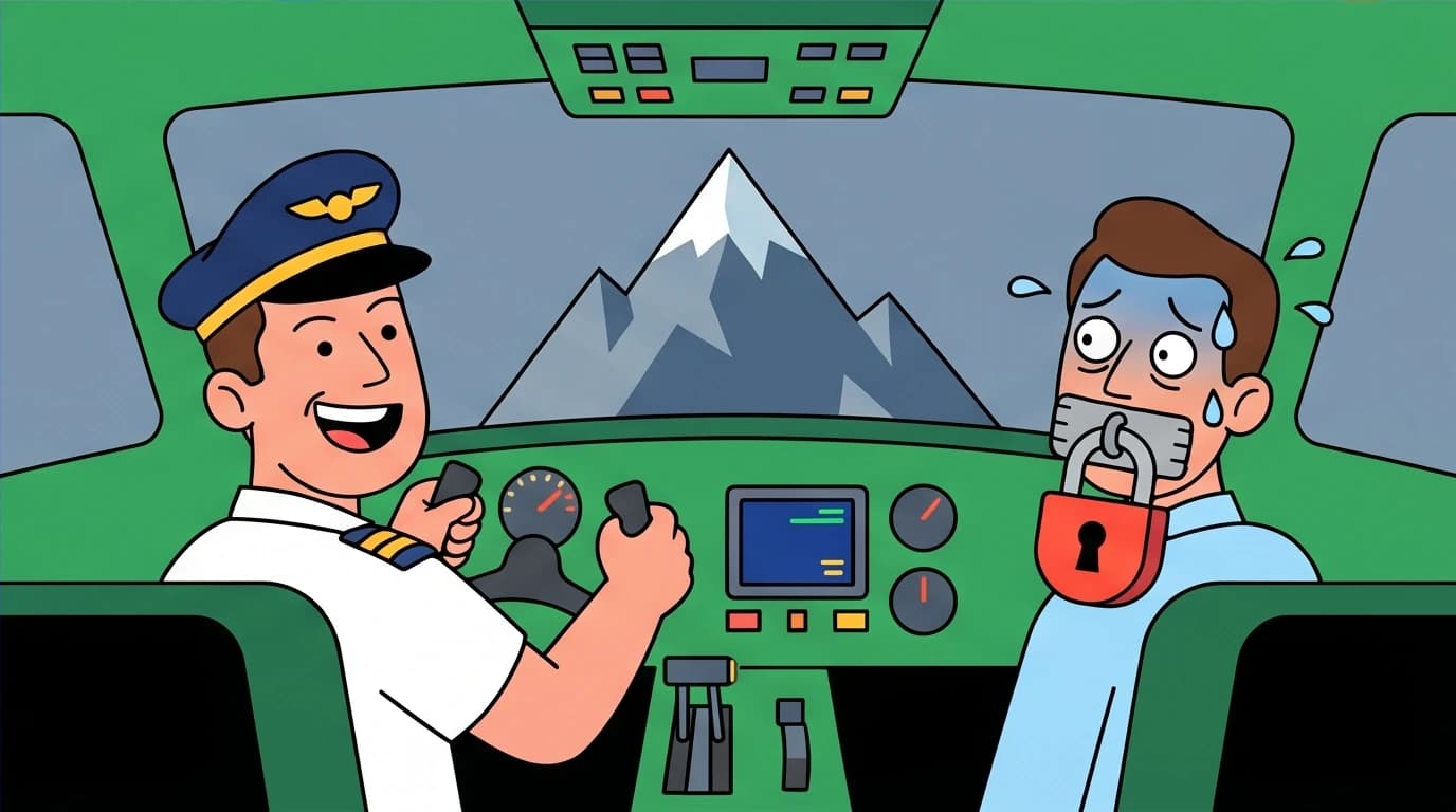 A co-pilot with a padlocked mouth symbolizes the cultural legacy of high power distance discussed in Malcolm Gladwell's Outliers.
