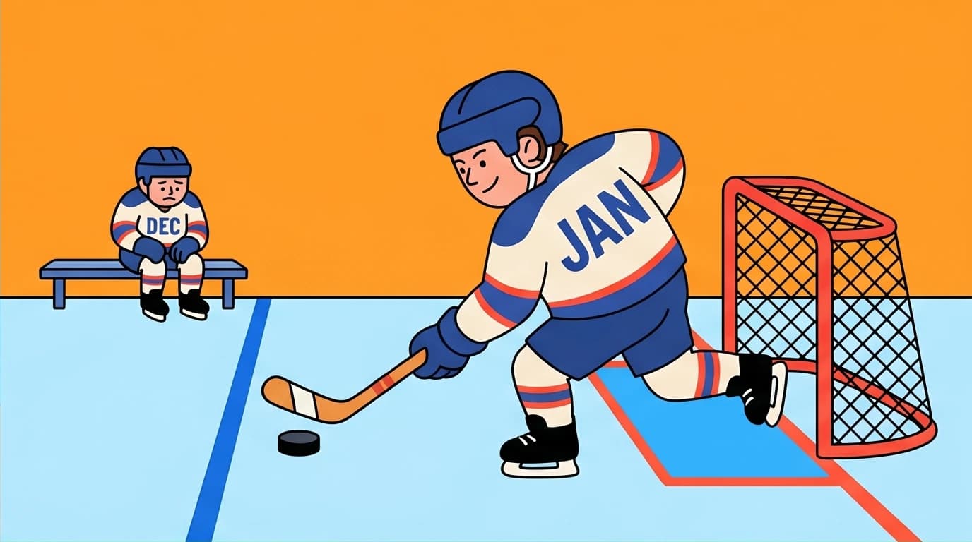 A giant hockey player next to a small one, visualizing the Matthew Effect on compounding advantage from Malcolm Gladwell's Outliers.