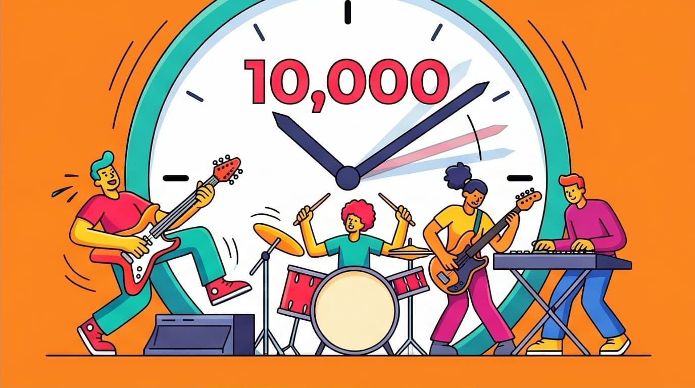 A visual representation of the 10,000-hour rule from Outliers, showing a band practicing intensely to achieve mastery, inspired by The Beatles.