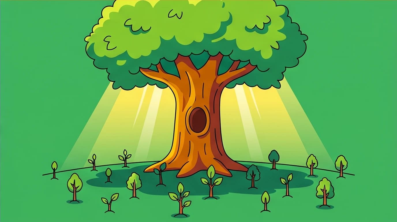 A visual metaphor for the Matthew Effect described in Outliers, showing how early advantages lead to compounded success, like a tall oak tree in a forest.