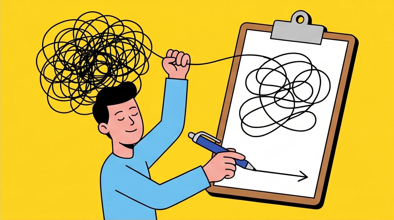 A person using a CBT technique to stop overthinking by writing down anxious thoughts, which helps to break the anxiety loop.