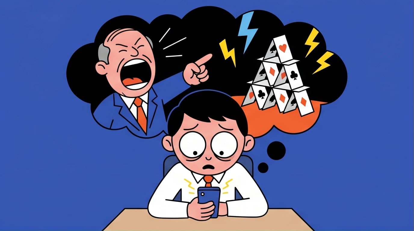 Illustration of a person experiencing catastrophic thinking from a simple phone message, a key CBT concept for managing anxiety.