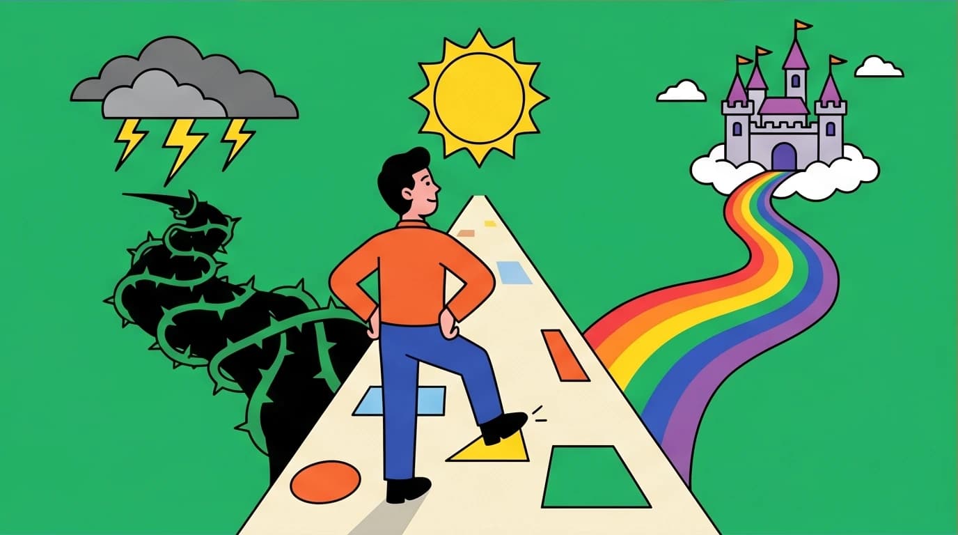 Visualizing a CBT exercise to improve catastrophic thinking by choosing the most likely path over the worst-case scenario.