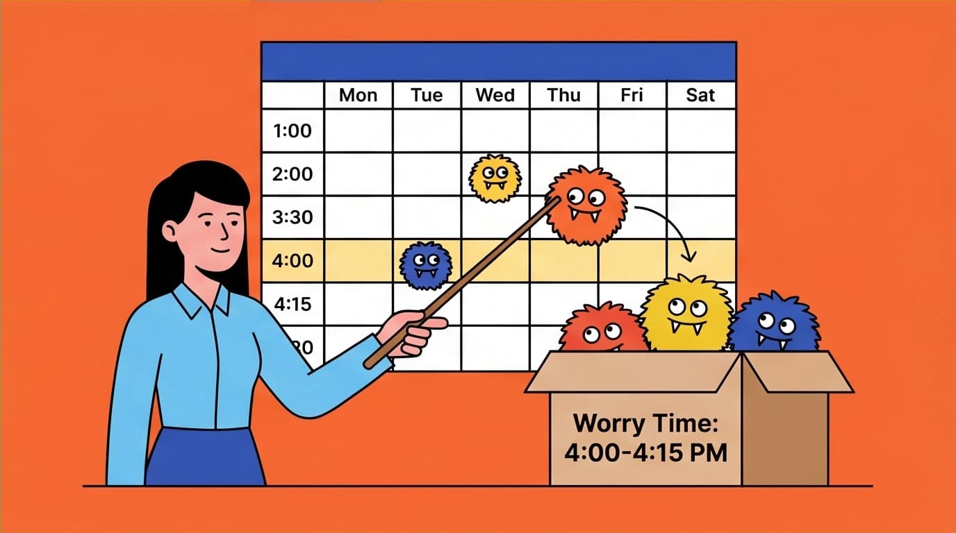 Character scheduling a 'worry time' to manage anxiety, a practical technique to stop overthinking and improve mental health.