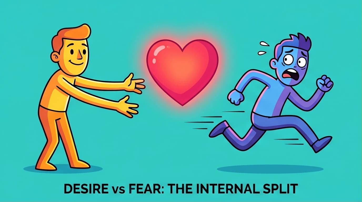 Illustration of a person torn between wanting love and running away, symbolizing the internal conflict of fear of intimacy.