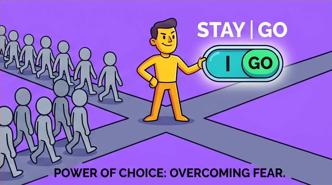 Character choosing to stay or go, representing the goal of overcoming intimacy fear is gaining choice, not forced normality.