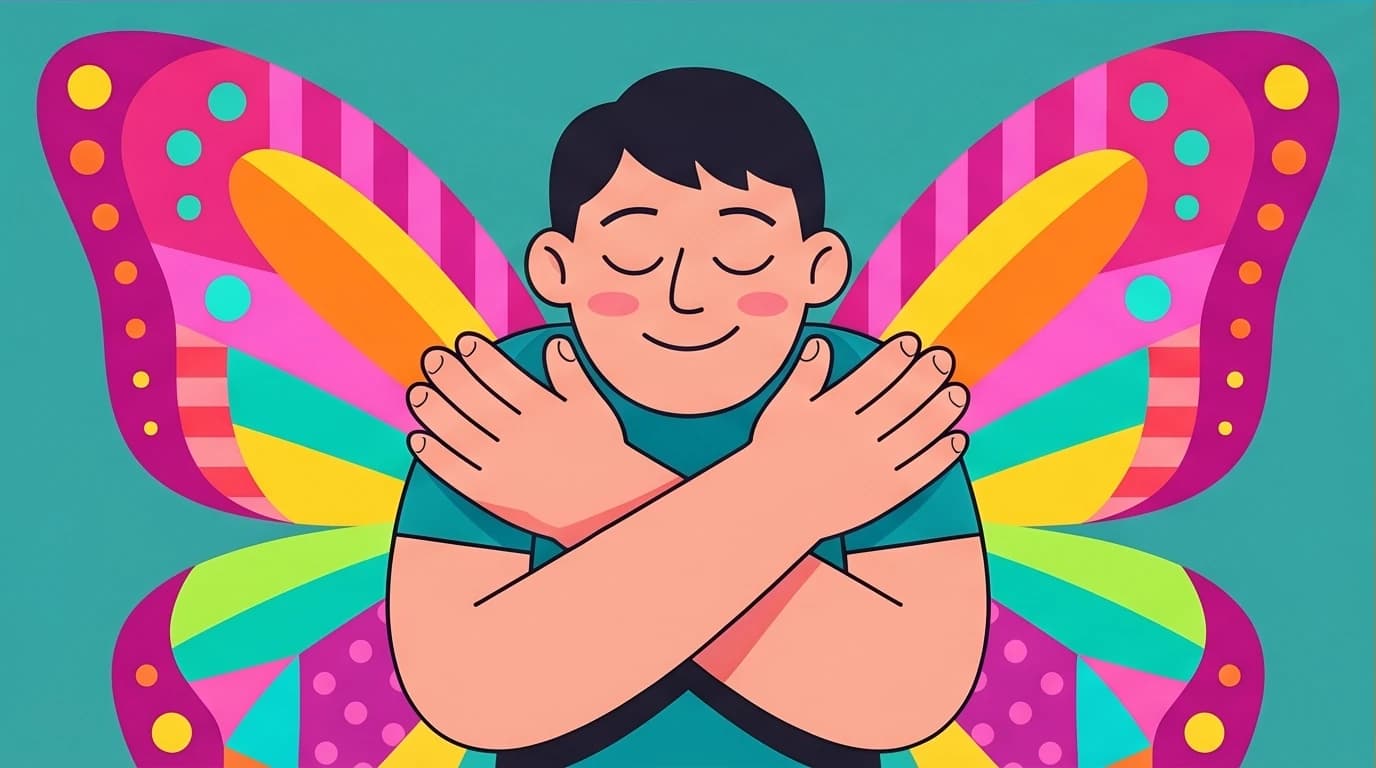 A serene person practicing the butterfly hug, a self-soothing anxiety relief method that creates a feeling of safety and calms the nervous system.