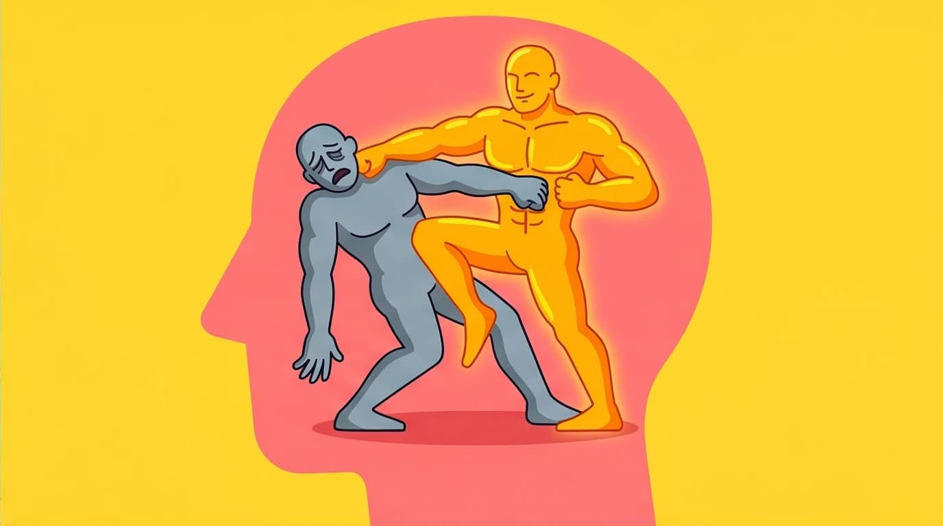 Illustration of a person wrestling an idealized self, symbolizing the mental exhaustion and internal conflict from perfectionism psychology.