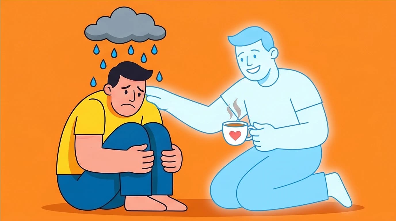 A character comforting their own sad self, a visual metaphor for using self-compassion to overcome low self-esteem and escape internal conflict.