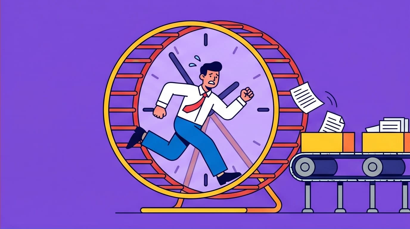 A character running in a clock-faced hamster wheel, buried in tasks, showing the pitfalls of traditional time management and the work burnout trap.