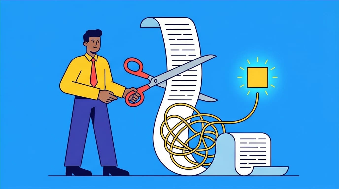 A focused individual using giant scissors to cut a long to-do list, a visual metaphor for applying essentialism to improve work-life balance and beat burnout.