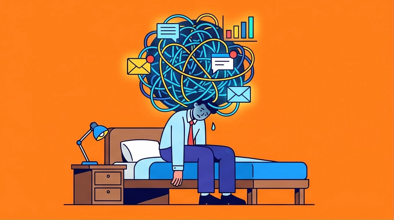 Illustration of a person with an exploding head full of tasks, symbolizing the anxiety and exhaustion of work burnout and the need for improvement.
