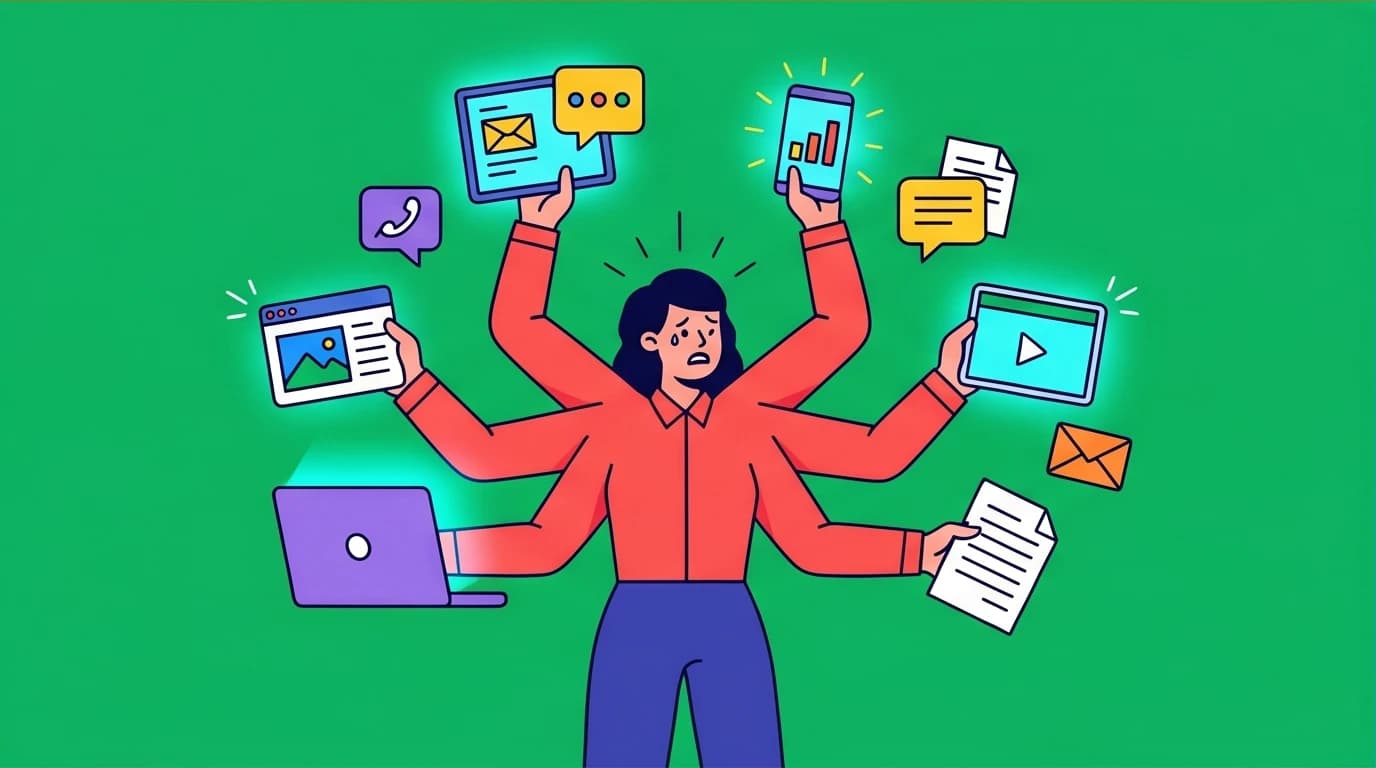 An overwhelmed professional with many arms juggling multiple screens, depicting the multitasking anxiety that leads to workplace burnout and loss of focus.