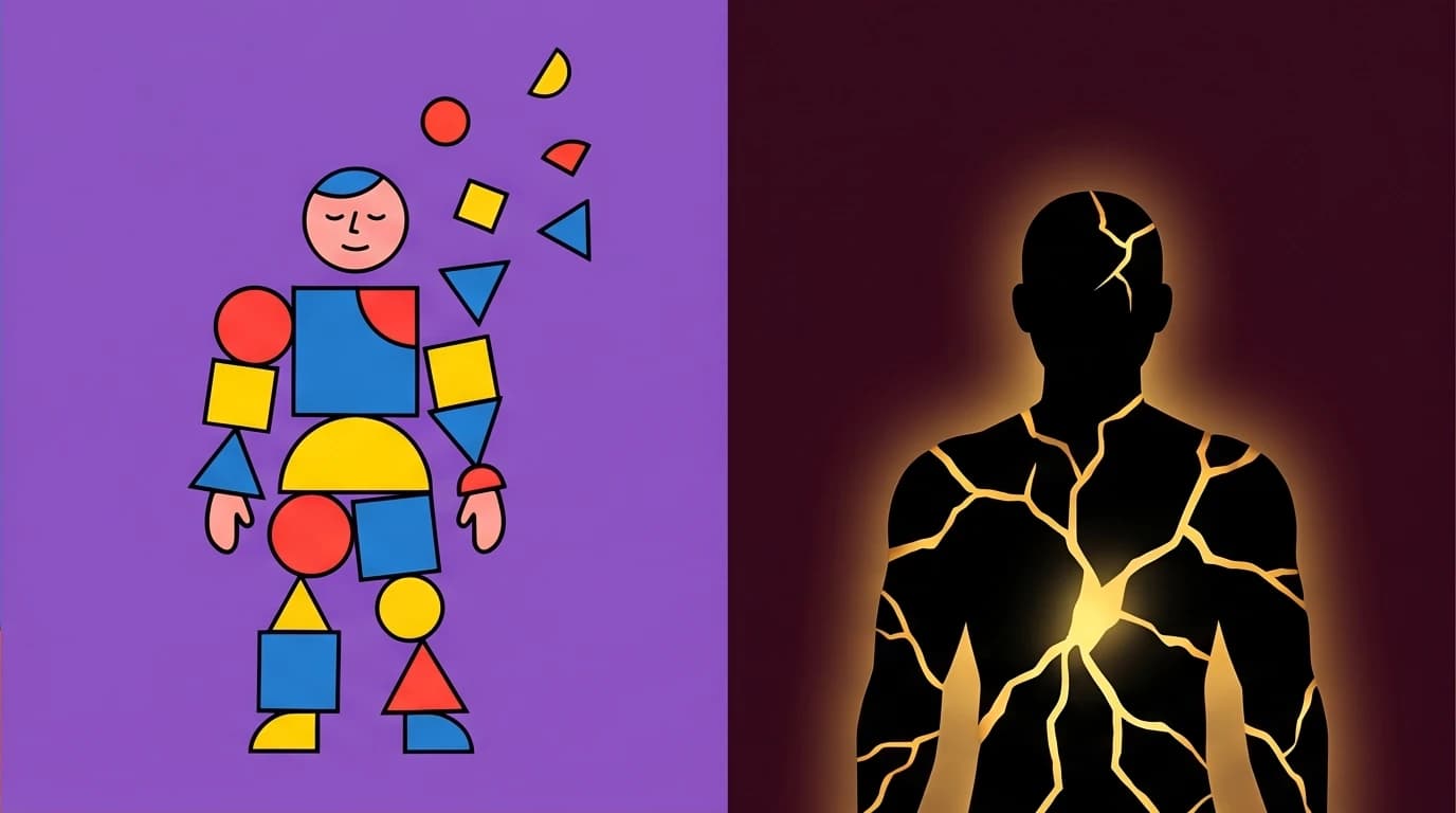 A figure made of blocks lets pieces fall away, symbolizing the acceptance of vulnerability and imperfection as part of self-healing.