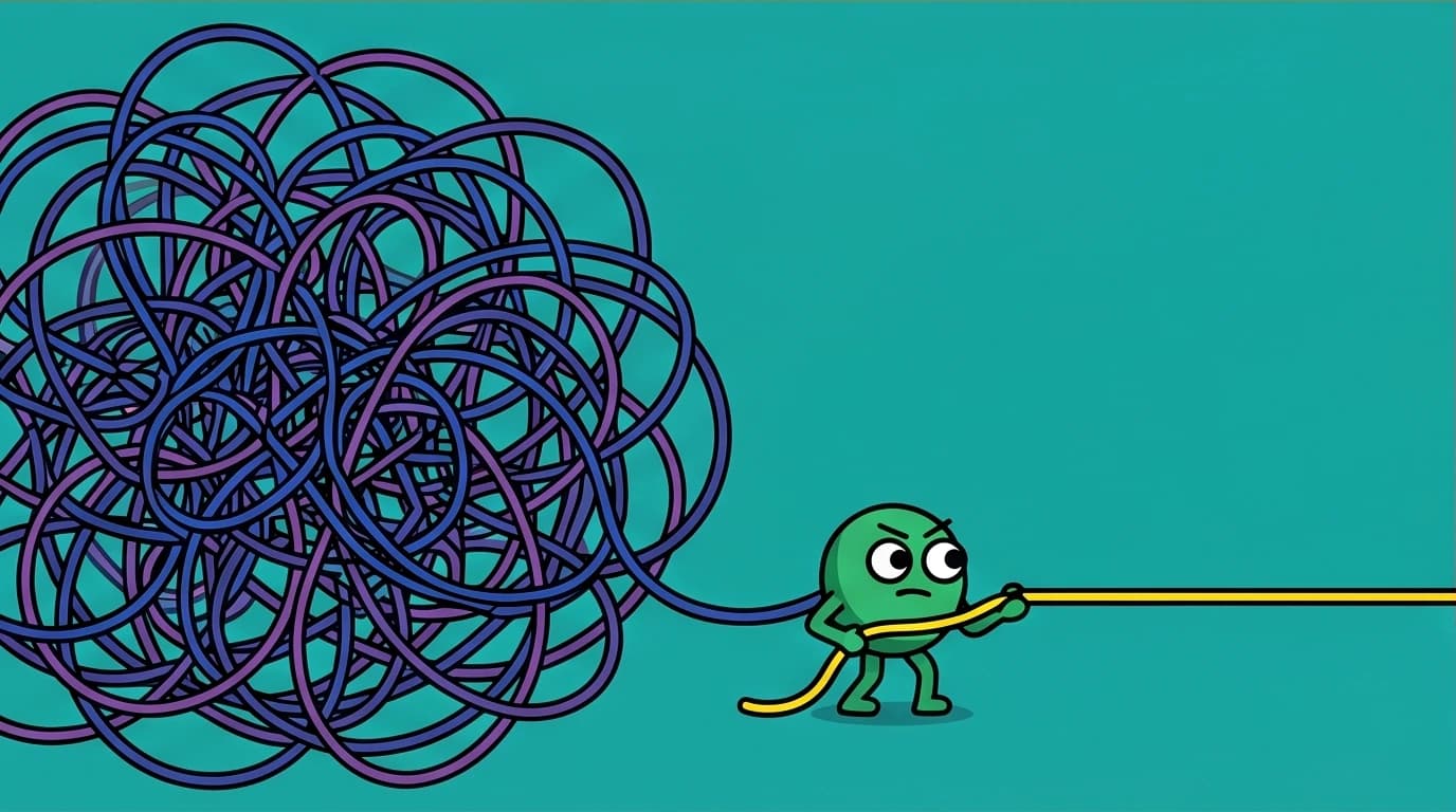 A tiny person pulls a single clear thread from chaos, illustrating taking small steps to emerge from an emotional low after failure.