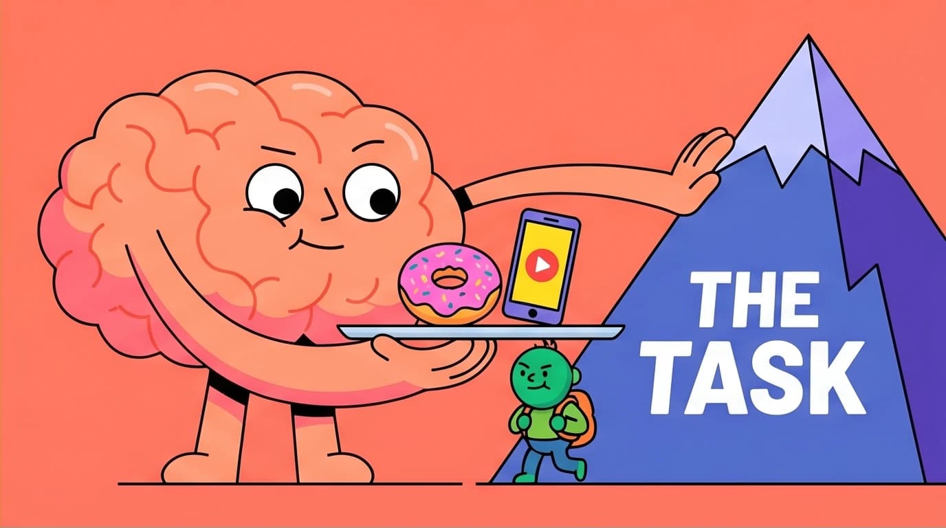 A conceptual illustration of the psychology of procrastination, showing a brain using emotional regulation to block a person from a difficult task.