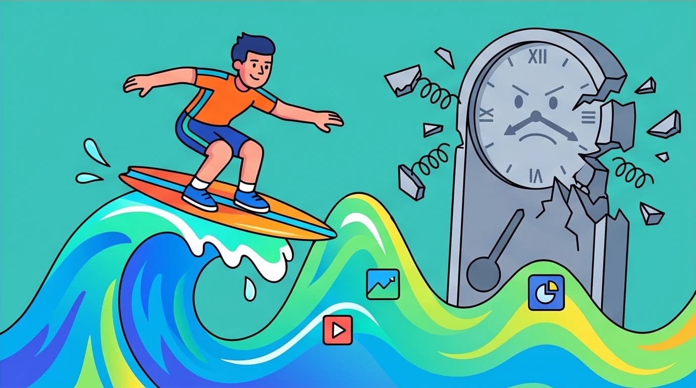 A visual metaphor for energy management over time management, showing a person surfing an energy wave to improve productivity and stop procrastination.