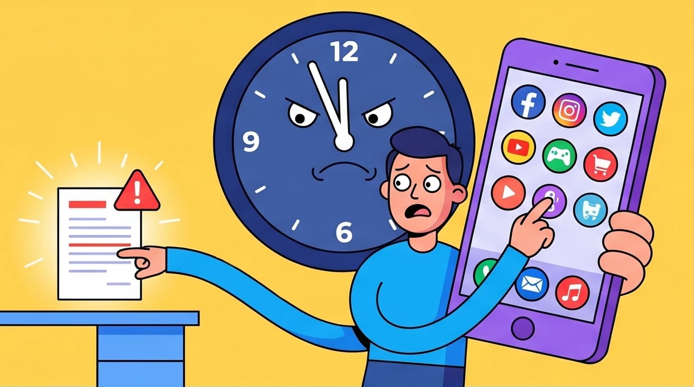Illustration of the procrastination cycle: an anxious person is distracted by a phone while a deadline clock looms, a visual guide to overcome procrastination.