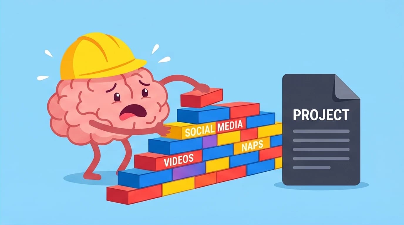 A visual of the brain building a wall to avoid a difficult task, explaining how procrastination is an emotional regulation issue, not a sign of laziness.