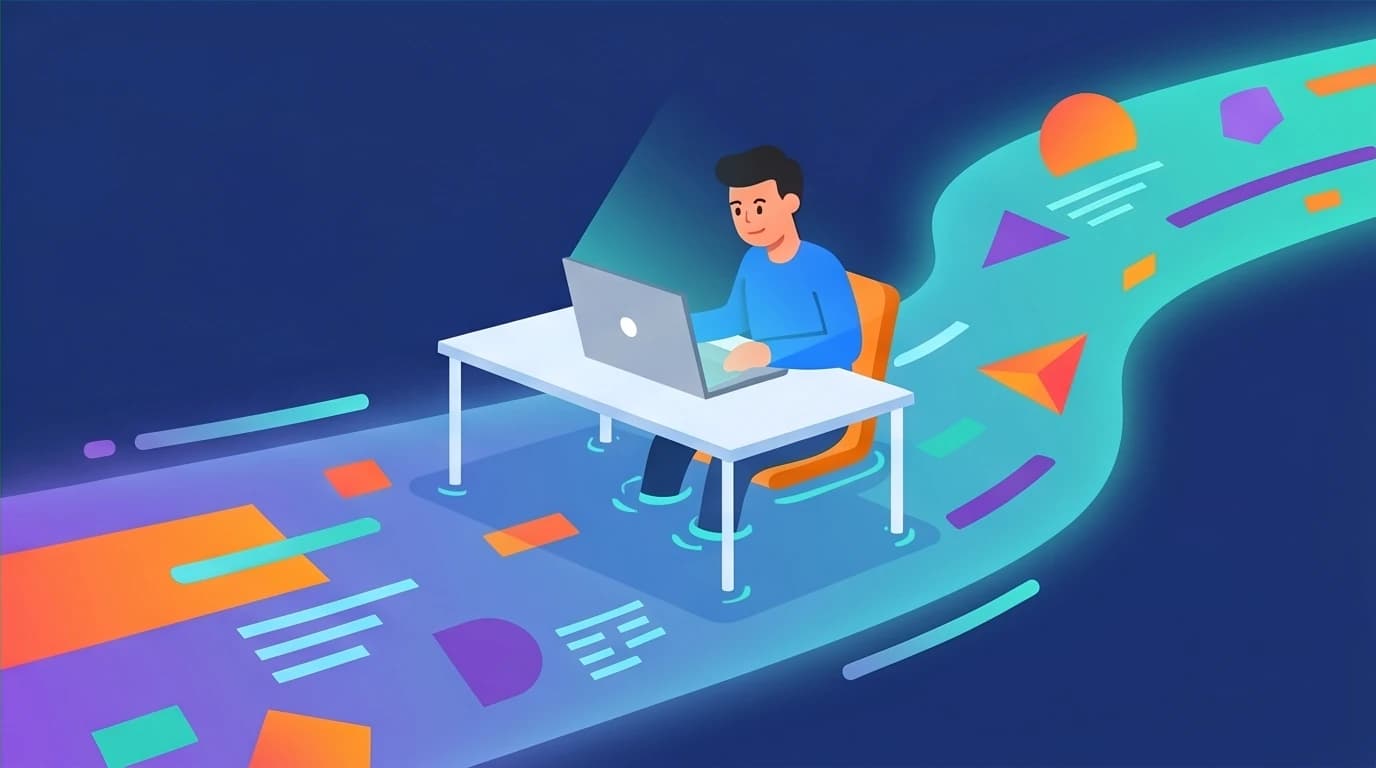 A person in a state of deep work, floating in a river of ideas, illustrating the concept of achieving a 'flow state' to boost productivity and improve focus.