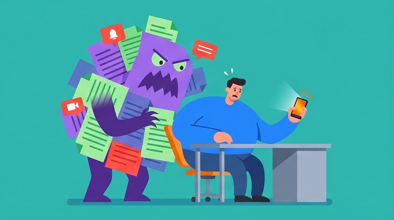 An illustration of a person overwhelmed by a monstrous to-do list, choosing distraction to escape the anxiety, visualizing the core emotional struggle of procrastination.
