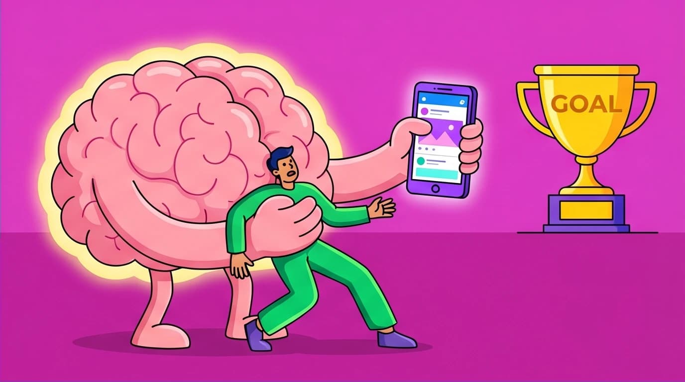 A visual metaphor for procrastination: a giant brain holds a person back from their goal due to fear of failure, explaining the psychology behind self-management.