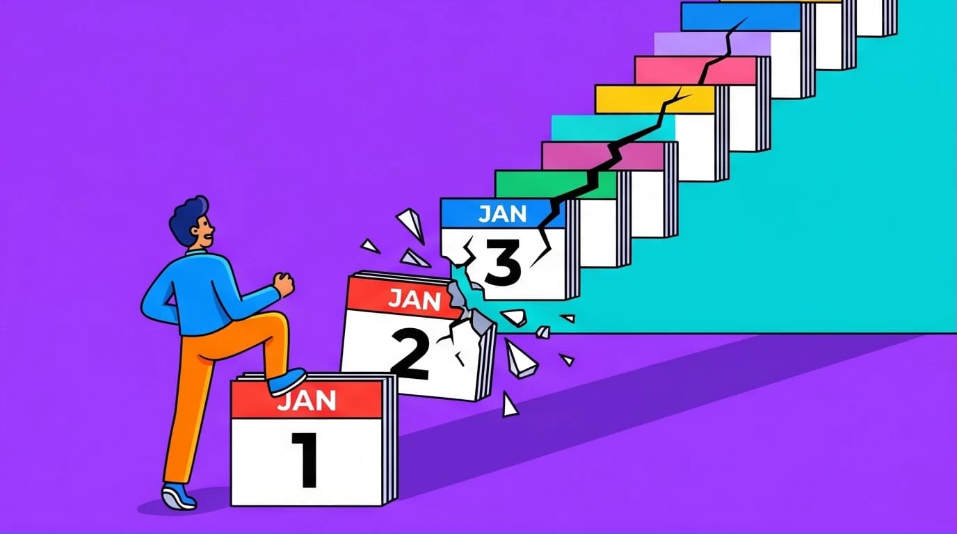 Illustration of a rigid New Year's resolution plan crumbling, symbolizing why goal setting fails without the flexible SMARTER method to overcome procrastination.