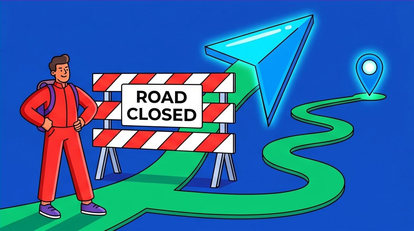 An illustration of the Readjust principle in the SMARTER method, showing a person finding a new path around an obstacle to successfully overcome procrastination.